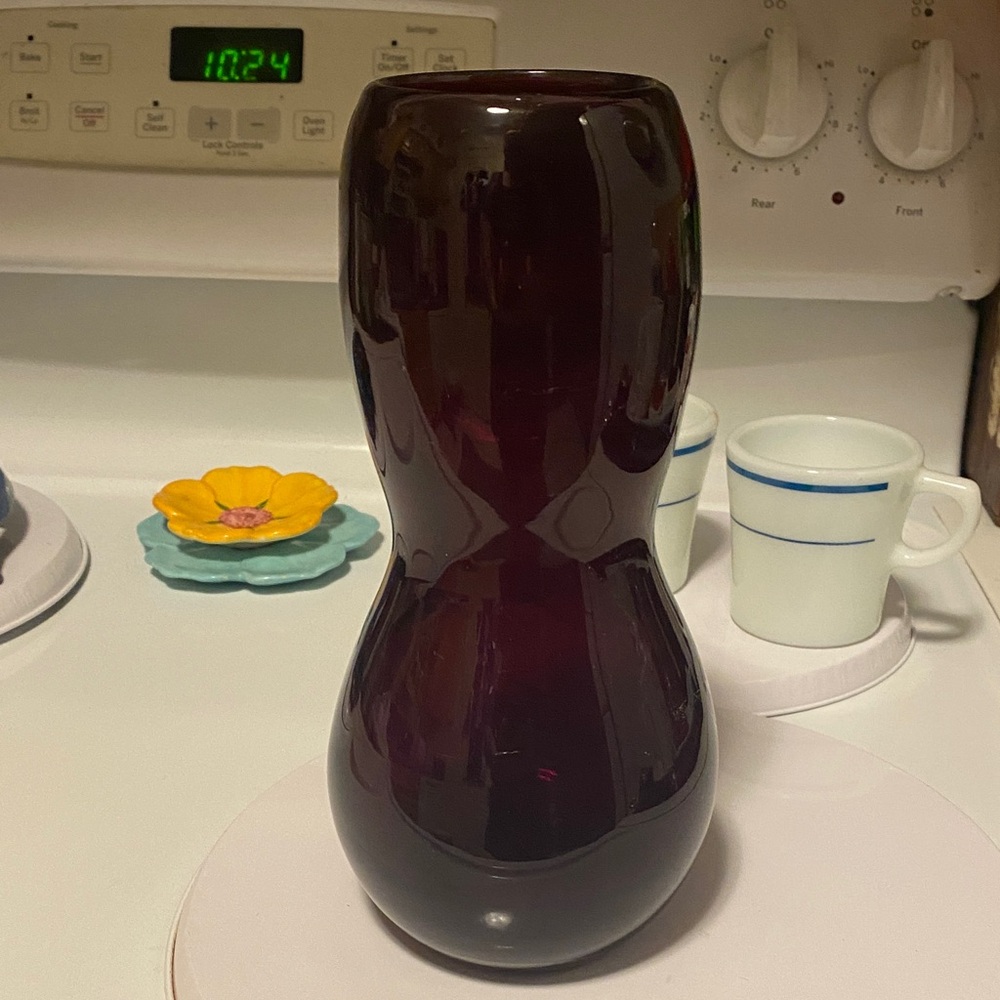 Mid Century Hand Blown Red Glass Vase Decanter Very Nice Moulin Rouge Dark Red